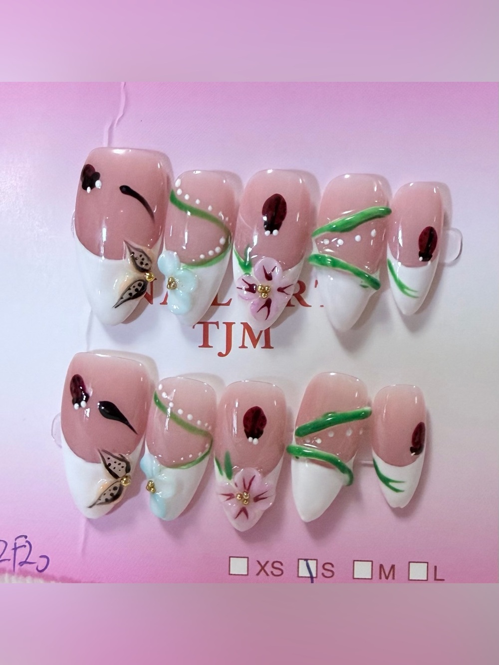 Floral Pink & White Press-On Nail Set with Green Accents -